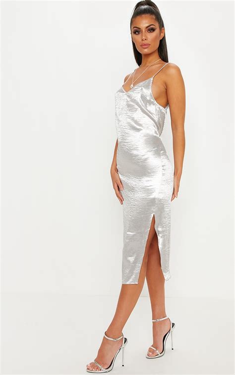 Silver Hammered Satin Slip Midaxi Dress | PrettyLittleThing