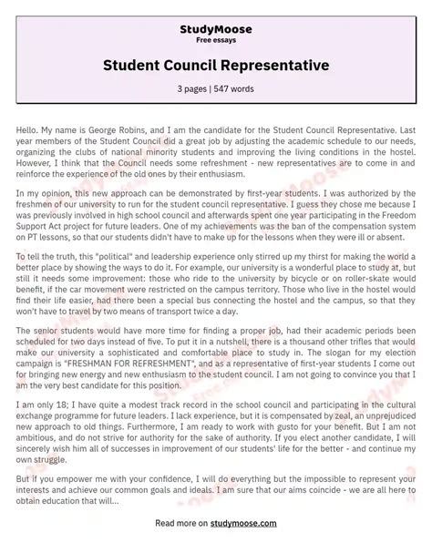 Student Council Representative Free Essay Example