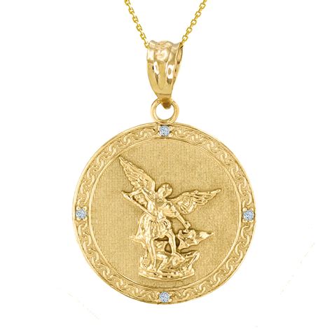 Yellow Gold St Michael Archangel Diamond Pendant Necklace ( 1.14" )