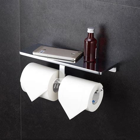 Luxury Double Polished Chrome / Black Toilet Paper Holder With Shelf