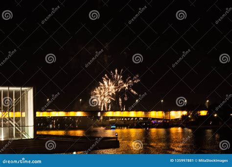 Fireworks over bridge stock image. Image of fire, fireworks - 135997881