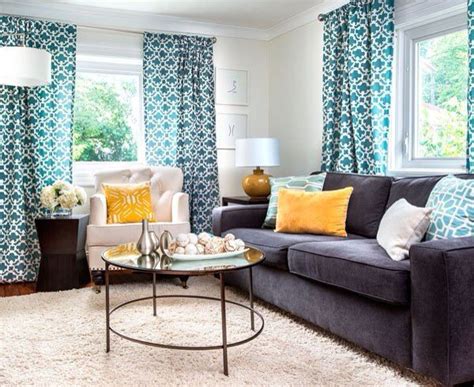 Dark gray couch with yellow and turquoise accents | Living room turquoise, Blue curtains living ...