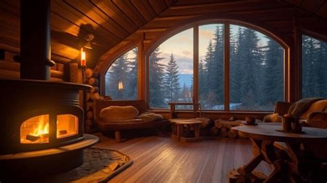 Premium AI Image | a cabin with a fireplace and a view of the mountains.