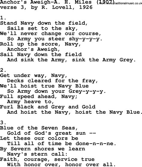 World War One(WW1)Era Song Lyrics for: Anchor's Aweigh-A H Miles 1907