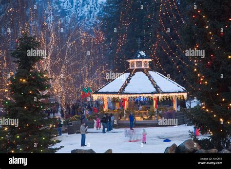 USA, WA, Leavenworth, Ice Festival with gazebo and city park Stock ...