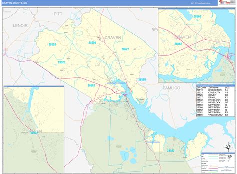 Craven County, NC Zip Code Wall Map Basic Style by MarketMAPS - MapSales