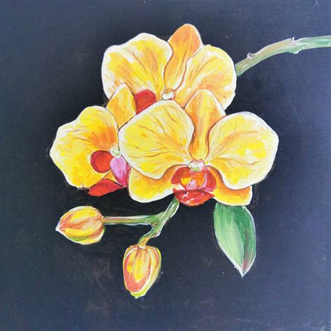 Yellow orchid. Acrylic painting. Yellow flowers on a dark | Etsy