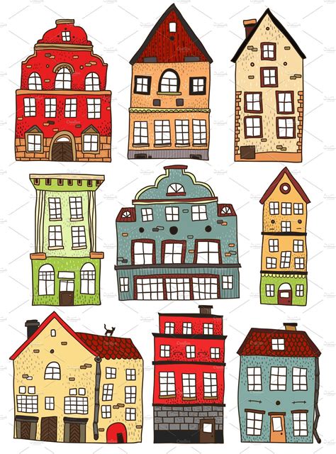 Set Of Hand Drawn Colored Buildings | House doodle, House illustration, Cartoon building