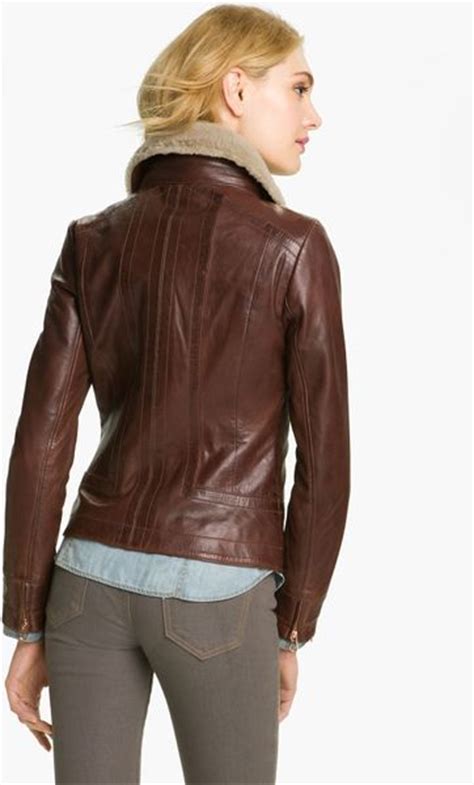 Ted Baker Leather Jacket with Genuine Shearling Collar in Brown | Lyst