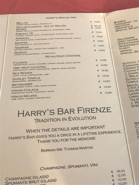 Menu at Harry's Bar Firenze, Florence, Lungarno Amerigo Vespucci