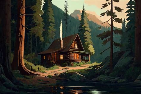 Premium Photo | A painting of a cabin in the woods