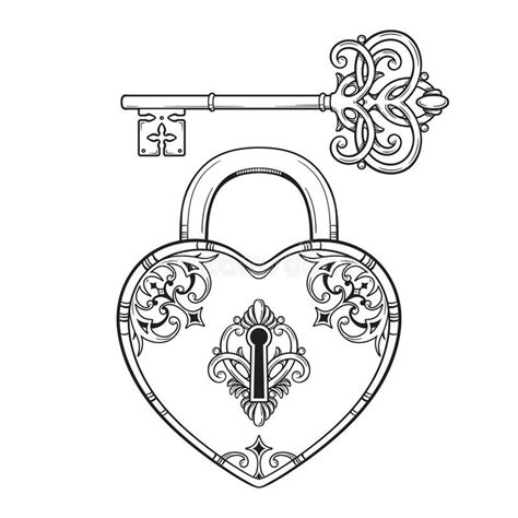 Key And Heart Shaped Padlock In Vintage Style Coloring Book Page For Kids And Adults Hand Drawn ...