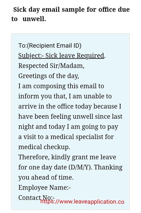 Out of office sick day email example. | Sick leave, Greetings for the ...