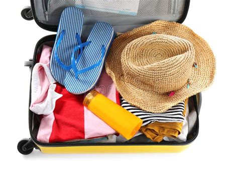 Packed Suitcase with Summer Clothes and Accessories Stock Photo - Image of rest, beach: 129575560