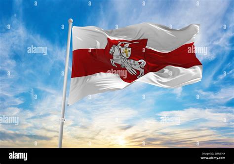 flag of Belarus 1991 1995 at cloudy sky background on sunset, panoramic view. copy space for ...