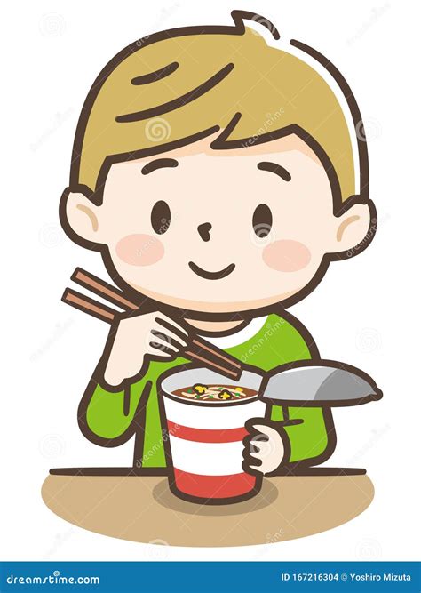 Cute boy eating cup ramen stock vector. Illustration of healthy - 167216304