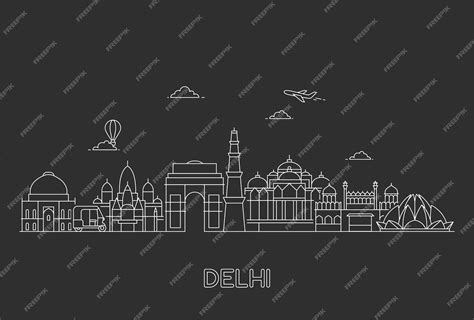 Premium Vector | New delhi skyline. line art illustration with famous buildings.