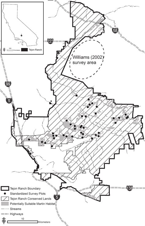 Map of Tejon Ranch showing the conserved lands, potentially suitable... | Download Scientific ...