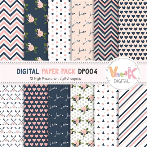 Navy and Pink Digital Paper Pack, Scrapbook Digital Paper Page, Scrapbooking Paper, Navy Pink ...