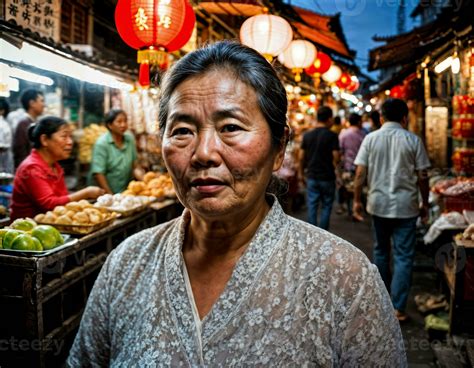 photo of senior old seller woman in china local street market at night, generative AI 34920517 ...