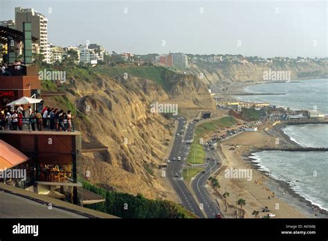 Restaurants and shops overlooking the beach at Miraflores in Lima Peru ...