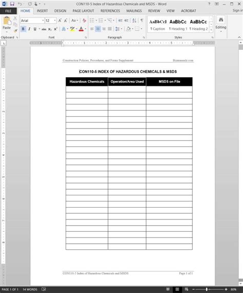 Chemicals Msds Index Template