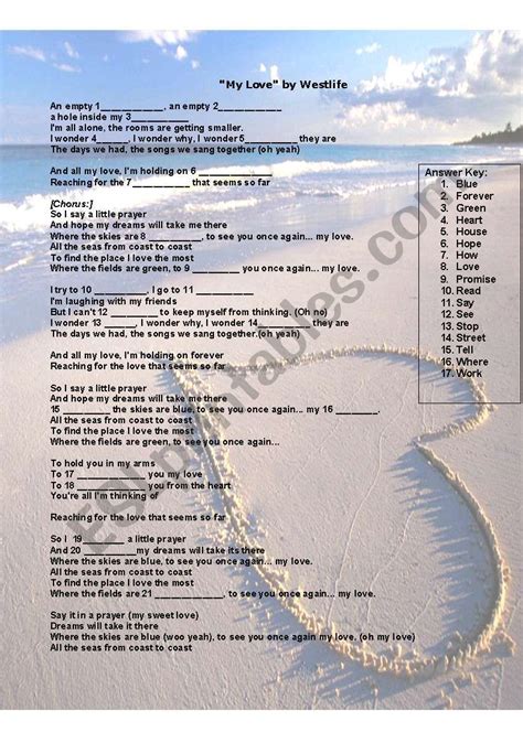 "MY LOVE" SONG FROM WESTLIFE - ESL worksheet by carinocitalgonzalez