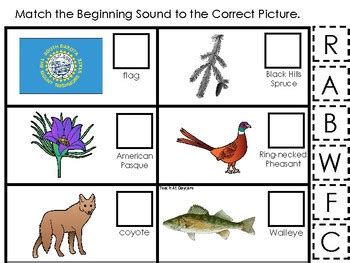 South Dakota State Symbols themed Match the Beginning Sound Preschool Game.