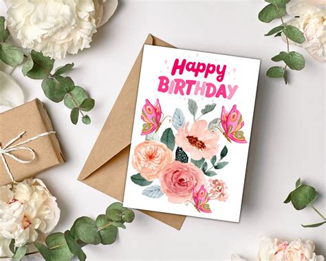 Pretty in Pink Flowers Birthday Card PDF Instant Download, Pink Floral ...