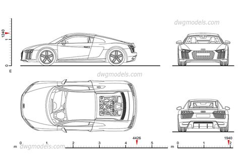 Audi R8 (2015) drawings, AutoCAD blocks download, dimensions, 2D model ...