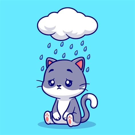 Lindo gato triste sentado bajo lluvia nube dibujos animados vector ...