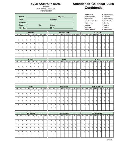 Free Printable Attendance Calendar