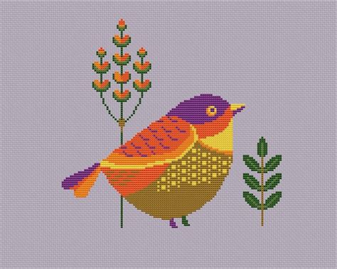 Cute Bird Cross Stitch Pattern Primitive Folk Bird Counted Chart Colorful Embroidery Modern Easy ...