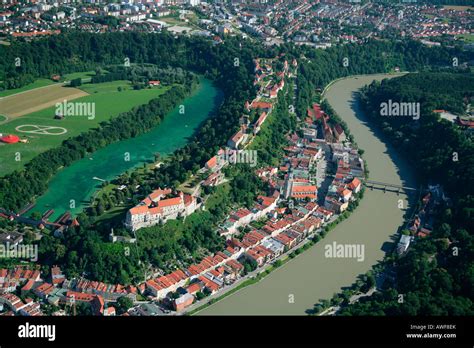 Aerial view of Burghausen on the Salzach River and Europe's longest castle, Upper Bavaria ...