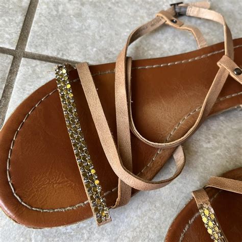 Tan embellished strappy sandals 10 inches long 3.5... - Depop