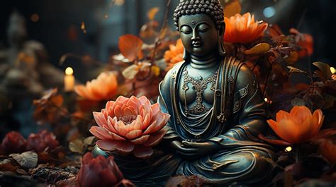 Premium Photo | Buddha statue with lotus flower background Generative Ai