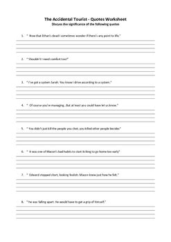 THE ACCIDENTAL TOURIST- QUOTES WORKSHEETS | TpT