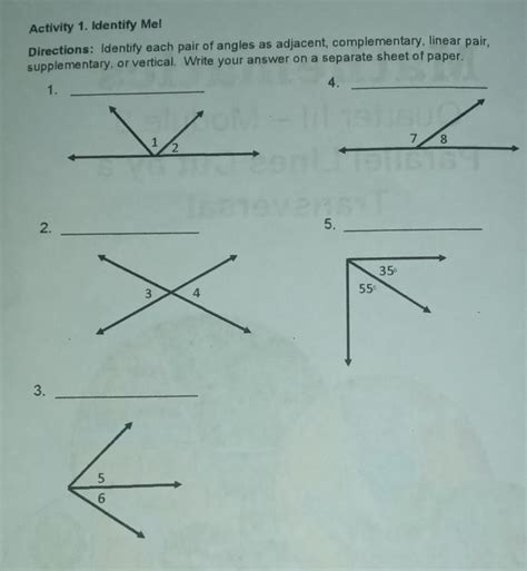 Activity 1. Identify Me!Directions: Identify each pair of angles as adjacent, complementary ...