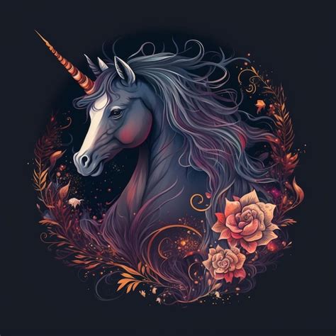 Premium Photo | Unicorn with long mane and flowers in a dark background ...