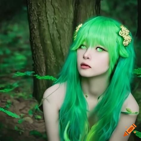 Anime girl with lime green hair in enchanted forest