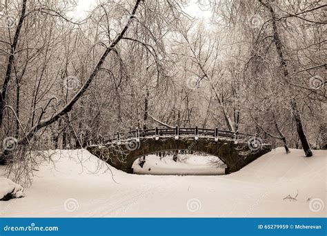 Beautiful Old Stone Bridge of Winter Forest in the Snow at Sunset ...