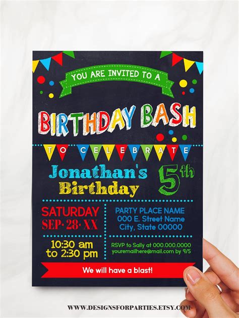 Birthday Bash Invitation Children Chalkboard Primary Colors | Etsy