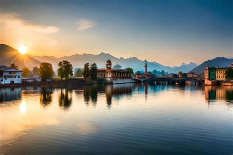 Premium Photo | A sunset view of a lake with a pagoda and a pagoda in the background.