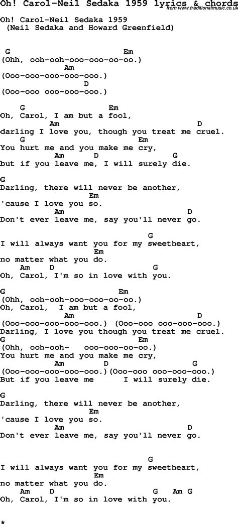 Love Song Lyrics for:Oh! Carol-Neil Sedaka 1959 with chords.