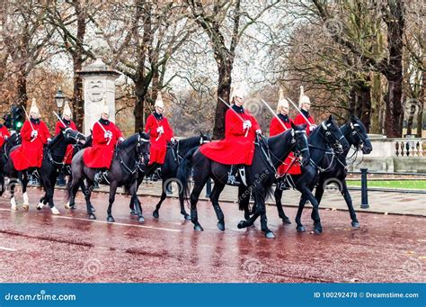 Marching the Queen`s Guards during Traditional Changing of the Guards ...