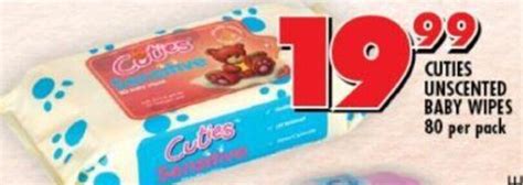Cuties Unscented Baby Wipes 80 per Pack offer at Shoprite