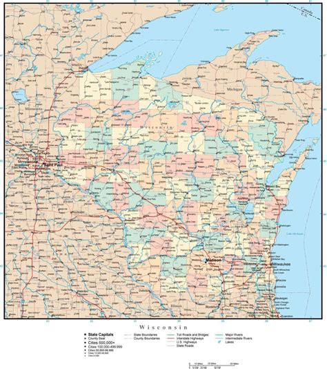 Wisconsin Adobe Illustrator Map with Counties, Cities, County Seats, Major Roads