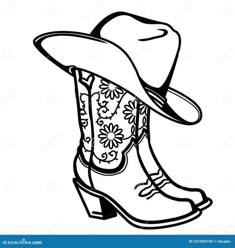 Cowboy Boots and Cowboy Hat with Flowers Decoration. Cowgirl Boots Vector Black Graphic ...