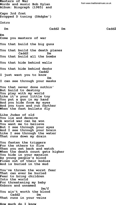 Bob Dylan song - Masters of War, lyrics and chords