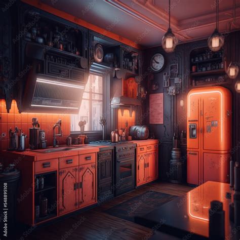 Cyberpunk future kitchen sci-fi interior design illustration Stock ...